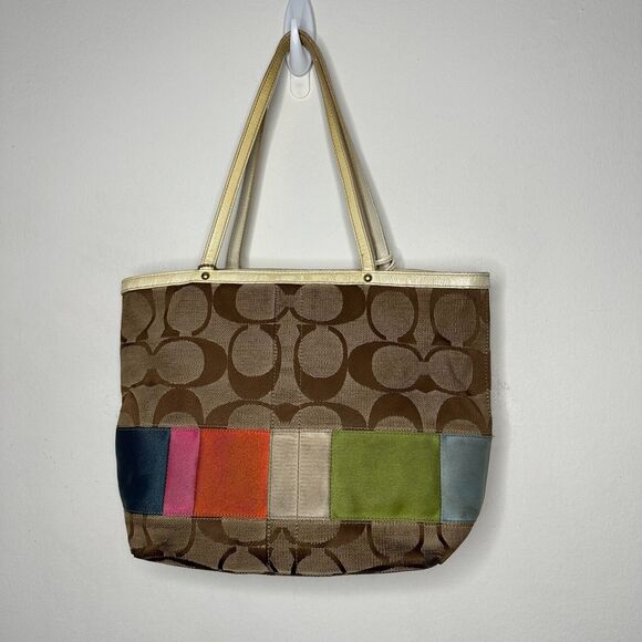 Coach Signature Multi-Color Leather Canvas Bag #10859 Clip Close Handle - Picture 14 of 14